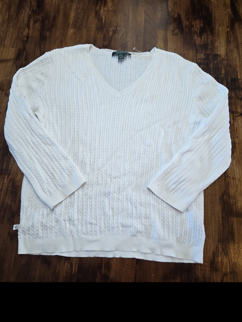 Ralph Lauren Cable Knit Cotton V-Neck Jumper Sweater White Women's XL Preppy